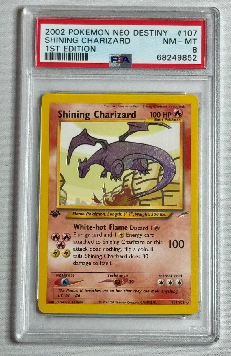 2002 shining charizard pokémon card 2002 Pokemon Neo Destiny Shining Charizard 1st Edition #107 PSA 8