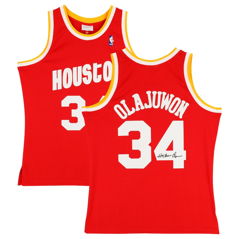 Hakeem Olajuwon Houston Rockets Autographed Mitchell & Ness Red 1993 - 94 Swingman Jersey