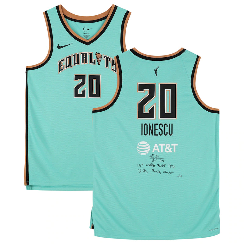 Sabrina Ionescu New York Liberty Autographed Nike Mint Green Rebel Edition Swingman Jersey with Multiple Inscriptions- Limited Edition of 22